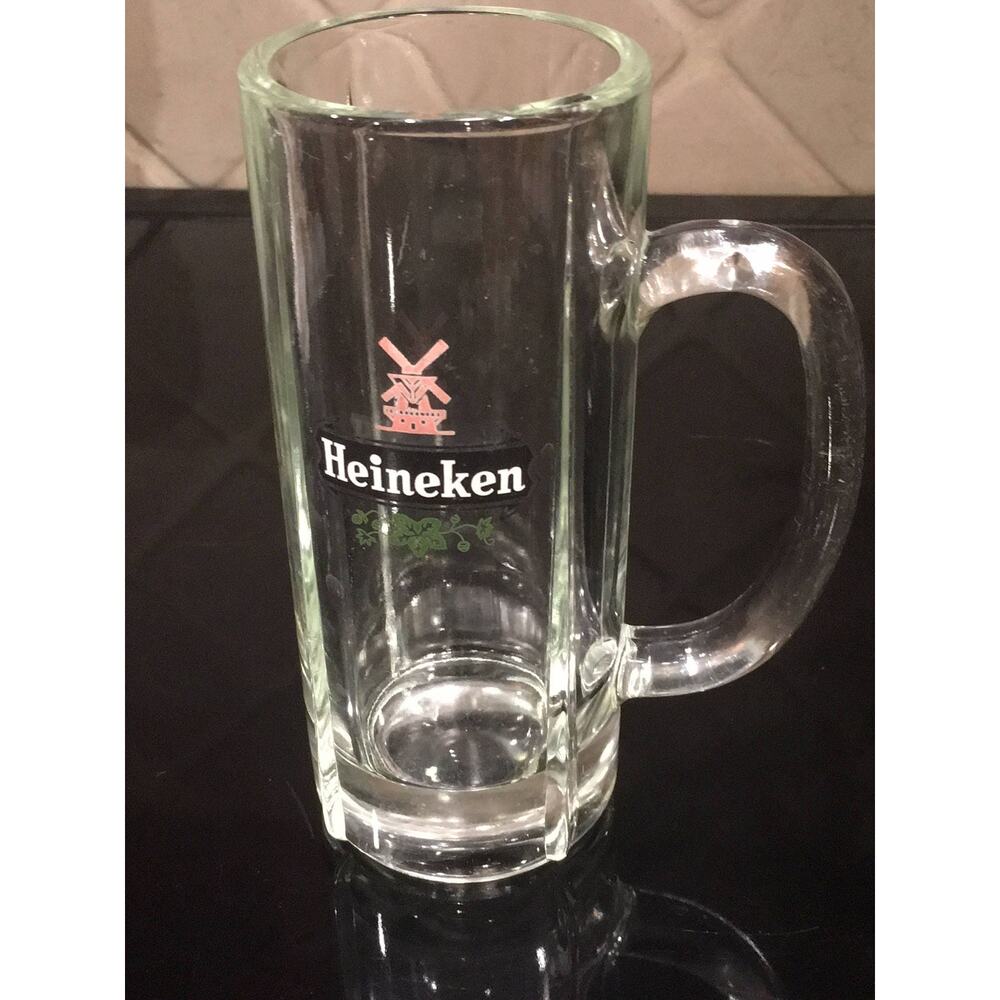 Heineken Clear Glass Beer Mug Stein Heavy Tall Windmill Amsterdam Holland 1970s